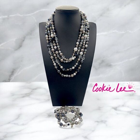 Cookie Lee Vintage Matching Glass Multi-Strand Beaded Necklace & Bracelet Set - Picture 1 of 7